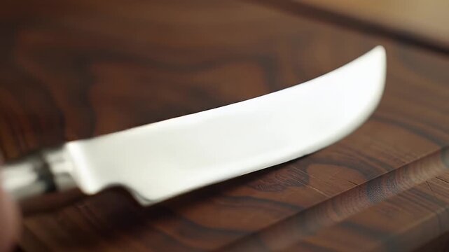 Detailed Close Up of a Shiny Cheese Knife Placed on a Dark Brown Wooden Board with Grain Texture at Eye Level Perfect for Gourmet Food and Culinary Themed Projects with Natural Lighting and No People