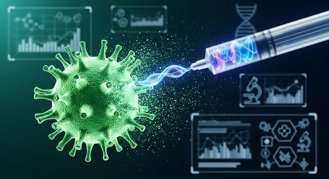 A syringe injects a virus with a DNA strand, surrounded by data displays, representing medical research or treatment.