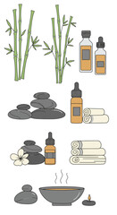 Spa and wellness illustration featuring bamboo stalks, stacked stones, aromatherapy oils, rolled towels, a flower, a bowl with steam, and a candle.