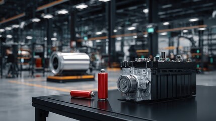 High-voltage battery module for electric vehicle placed on industrial table