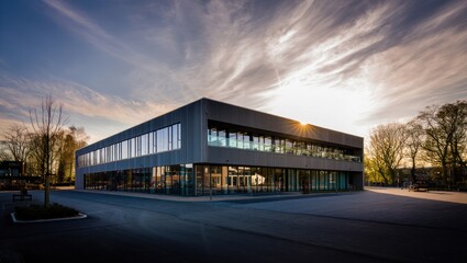 Obraz premium Modern office building basks in golden hour sunlight with dramatic sky