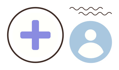 Blue user icon, circular add symbol, abstract wavy lines. Ideal for account creation, user management, profile settings, healthcare, simplicity introspection digital interfaces. Simple flat