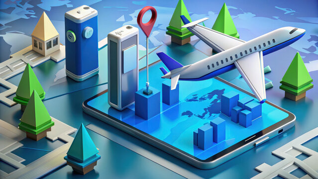 Travel planning involves digital maps, airplanes, and location markers, creating vibrant scene of exploration and adventure