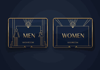 Art Deco style restroom signs for men and women.