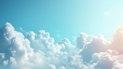 A serene blue sky with fluffy white clouds and a hint of sunlight filtering through.