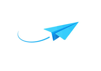 A vibrant blue paper airplane, origami style, in flight, against a white background.