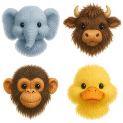 A charming collection of 3D plush animal heads featuring an elephant, bison, monkey, and duck. Each character is crafted with soft, fluffy textures and adorable round shapes, perfect for kids&rsquo; designs