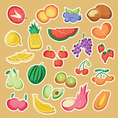 Healthy food doodle sticker pack.  Colorful delivery cafe and restaurant icons. Set vector illustration doodles of food, fruits beverage for invitations, menus and parties. 