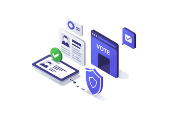 An isometric illustration of secure online voting with digital identity verification and data protection.