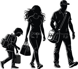 Silhouettes of traveling family walking with luggage, child with backpack, parents with bags, journey, vacation, motion, black vector illustration