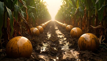 Mysterious spheres on mud path through cornfield creating surreal and eerie atmosphere in natural rural landscape.

