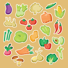 Healthy food doodle sticker pack.  Colorful delivery cafe and restaurant icons. Set vector illustration doodles of food, vegetables for invitations, menus and parties. 