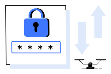 Blue padlock over password field, justice scale, up and down arrows. Ideal for data security, privacy, encryption, law, digital safety balance compliance. A simple flat metaphor