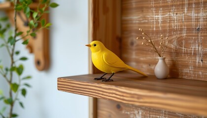 yellow bird figurine on wooden shelf, spring, no people, no text, no logo