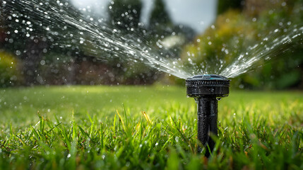 Backyard watering system with oscillating sprinkler spraying fine mist over fresh green lawn, sparkling droplets, and blurred fence for seasonal home care concepts.