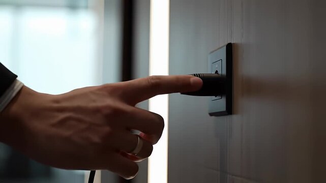 Close Up Hand Inspecting Black AV Input Jack on Wall Panel in Modern Suite Under Warm Light Corporate Environment Audio Visual Installation and Control System Checks Corporate Technology Solutions
