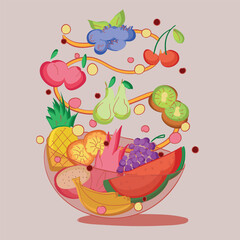 Healthy food salad illustration. Vegetarian food set. Delivery cafe and restaurant icons. Set vector illustration of food, fruits and vegetables beverage for invitations, cafes and markets.