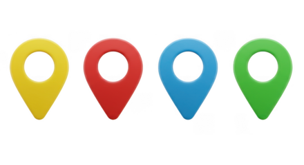 Four colorful map location pins isolated on transparent background