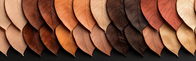 A vibrant arrangement of leather leaves in varied shades of brown, showcasing intricate textures and patterns against a dark background.