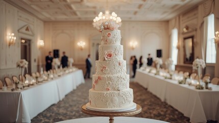 High-quality image of elegant tall wedding cake displayed in a grand ballroom with guests mingling
