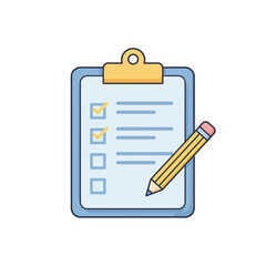 A blue clipboard with a checklist and a yellow pencil, showing two completed tasks marked with checkmarks.