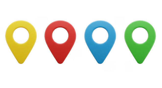 Four colorful map location pins isolated on transparent background