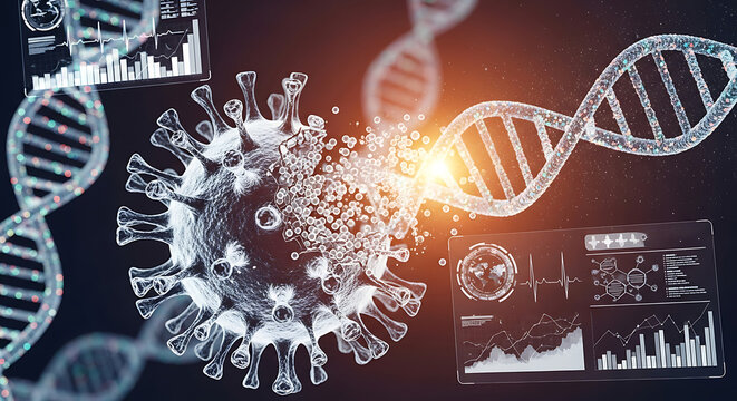 Coronavirus disintegration: DNA helix interaction, scientific visualization.
