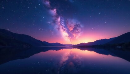 Fototapeta premium Vast, star-studded sky mirrored in calm lake waters , nature, night, quiet