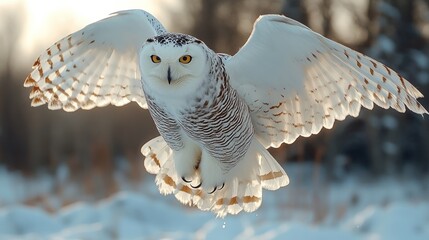 Snowy owl in flight, wings spread wide over wintery landscape