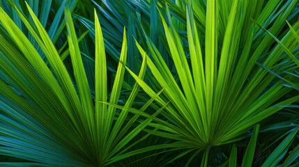 Lush Green Palm Fronds Illuminated by Sunlight in a Tropical Landscape Surrounded by Dense Foliage