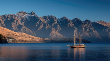 A lone vessel on clear blue water as the sun sets behind majestic mountain ridges