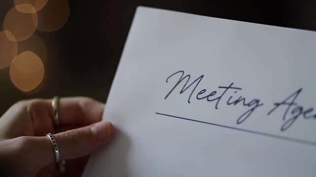 Close Up of Fingers Holding a Meeting Agenda on White Paper with Elegant Script Under Soft Lighting and Blurred Background Ideal for Professional Business Presentation and Organizational Planning