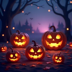 Halloween Night Background with Glowing Pumpkins and Spooky Atmosphere