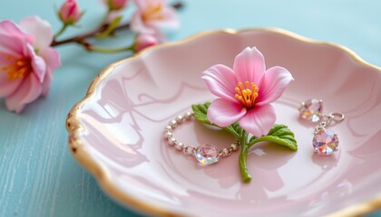 pastel flower trinket on jewelry dish, spring, no people, no text, no logo