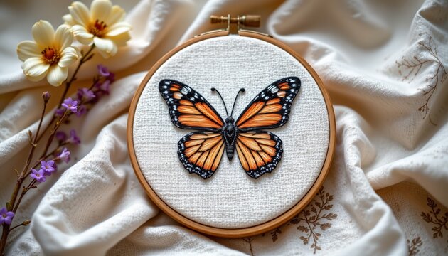 butterfly embroidery hoop on linen, spring, no people, no text, no logo - Powered by Adobe