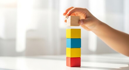 Child's hand stacking colorful wooden blocks. Symbolizing growth, development, education, and building a strong future. Bright, clean, and inspiring.
