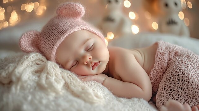A baby girl wearing a pink knitted hat and sleeping on a white blanket with a teddy bear on the background.