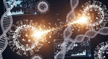 Viral disintegration: microscopic view of virus destruction, DNA strands, and scientific data.