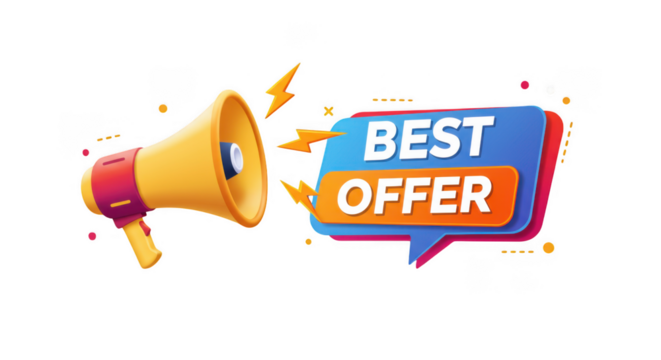 Megaphone announcing best offer isolated on transparent background