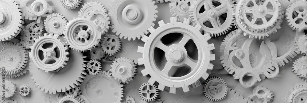 Wall mural intricate array of monochrome gears interlocking, creating a complex mechanical pattern