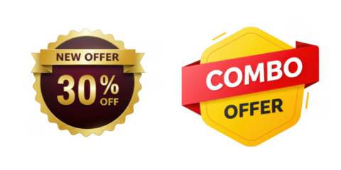 Two promotional sale badges with text isolated on transparent background