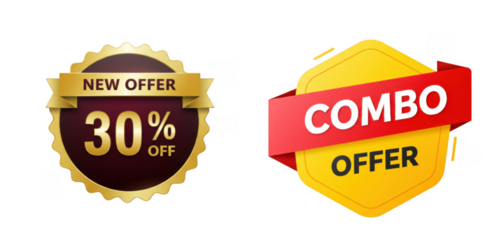 Two promotional sale badges with text isolated on transparent background