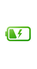 A vibrant green battery icon with a lightning bolt symbol indicating a low charge level and active charging process on a clean white background.