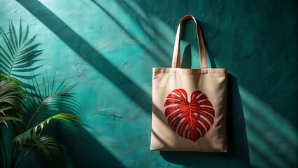Beige tote bag with red glitter heart design
