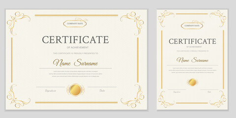 Certificate template with gold decor. Elegant design, vector format. Ideal for awards, diplomas. Easy to edit.