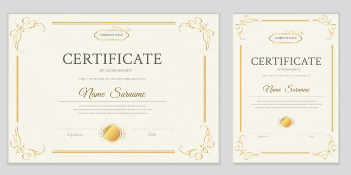 Certificate template with gold decor. Elegant design, vector format. Ideal for awards, diplomas. Easy to edit.