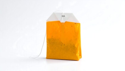 Orange tea sachet packet mock-up with steam rising on clean background for fresh beverage and hot drink branding.

