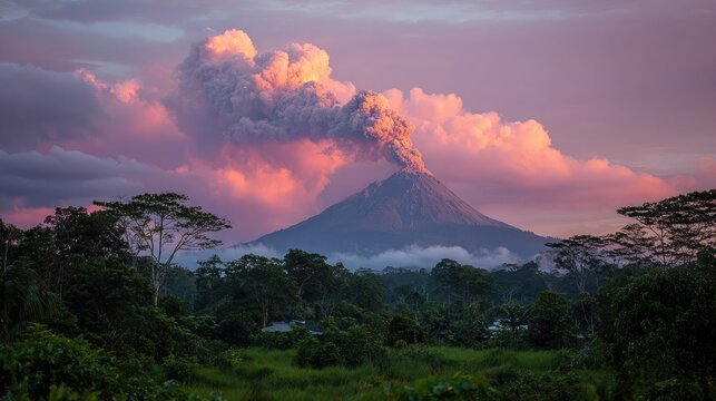 Silhouetted volcano at dawn with pink-orange sky glowing behind it