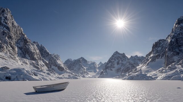 Snow-capped mountains and a single boat sit under an expansive blue sky and shining sun