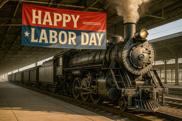 Naklejka premium Historic steam locomotive at a train station beneath a large “Happy Labor Day” banner, honoring the cultural heritage of railroads, the workers who built them, and the enduring role of labor